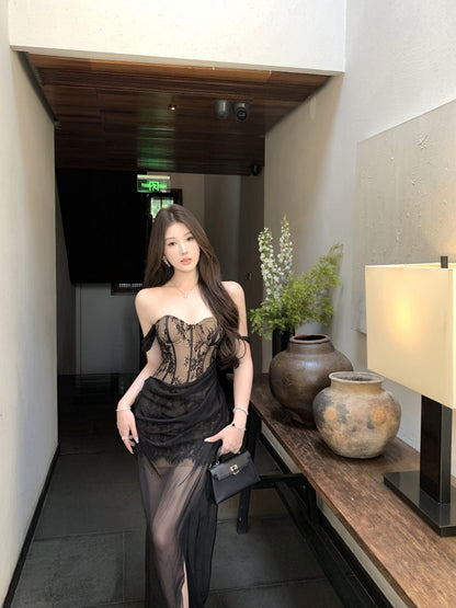 Glamorous Black Off-Shoulder Lace Trimmed Maxi Skirt Sexy Draped Sheer Mesh Overlay High Slit Long Dress AP2067