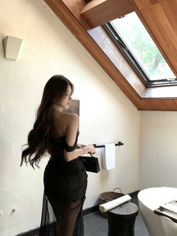 Glamorous Black Off-Shoulder Lace Trimmed Maxi Skirt Sexy Draped Sheer Mesh Overlay High Slit Long Dress AP2067