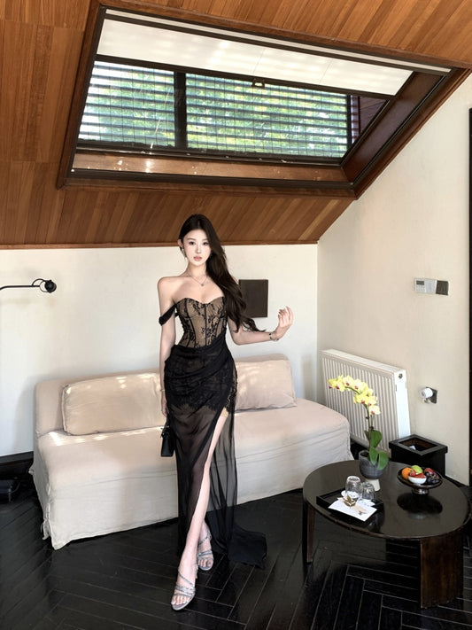 Glamorous Black Off-Shoulder Lace Trimmed Maxi Skirt Sexy Draped Sheer Mesh Overlay High Slit Long Dress AP2067