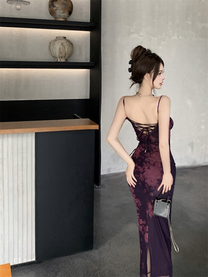 Romantic Plum Floral Print Sheer Mesh Overlay Spaghetti Strap Maxi Dress Vintage Lace-Trim  Crisscross Open Back Long Dress AP2068
