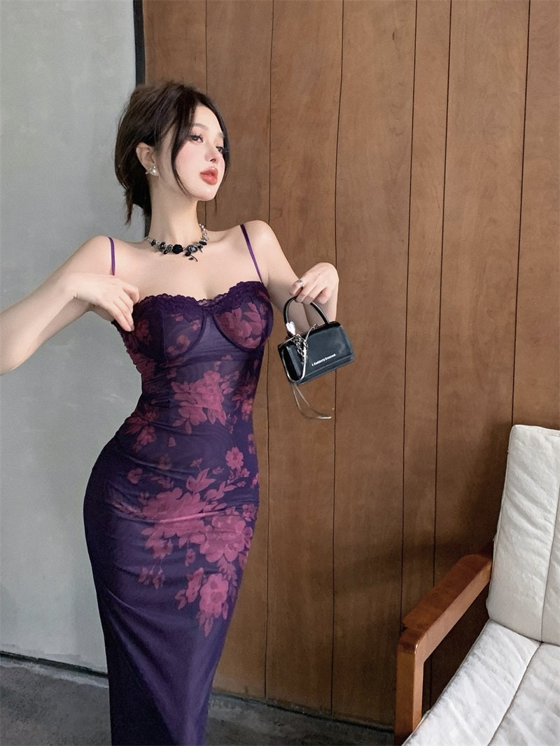 Romantic Plum Floral Print Sheer Mesh Overlay Spaghetti Strap Maxi Dress Vintage Lace-Trim  Crisscross Open Back Long Dress AP2068