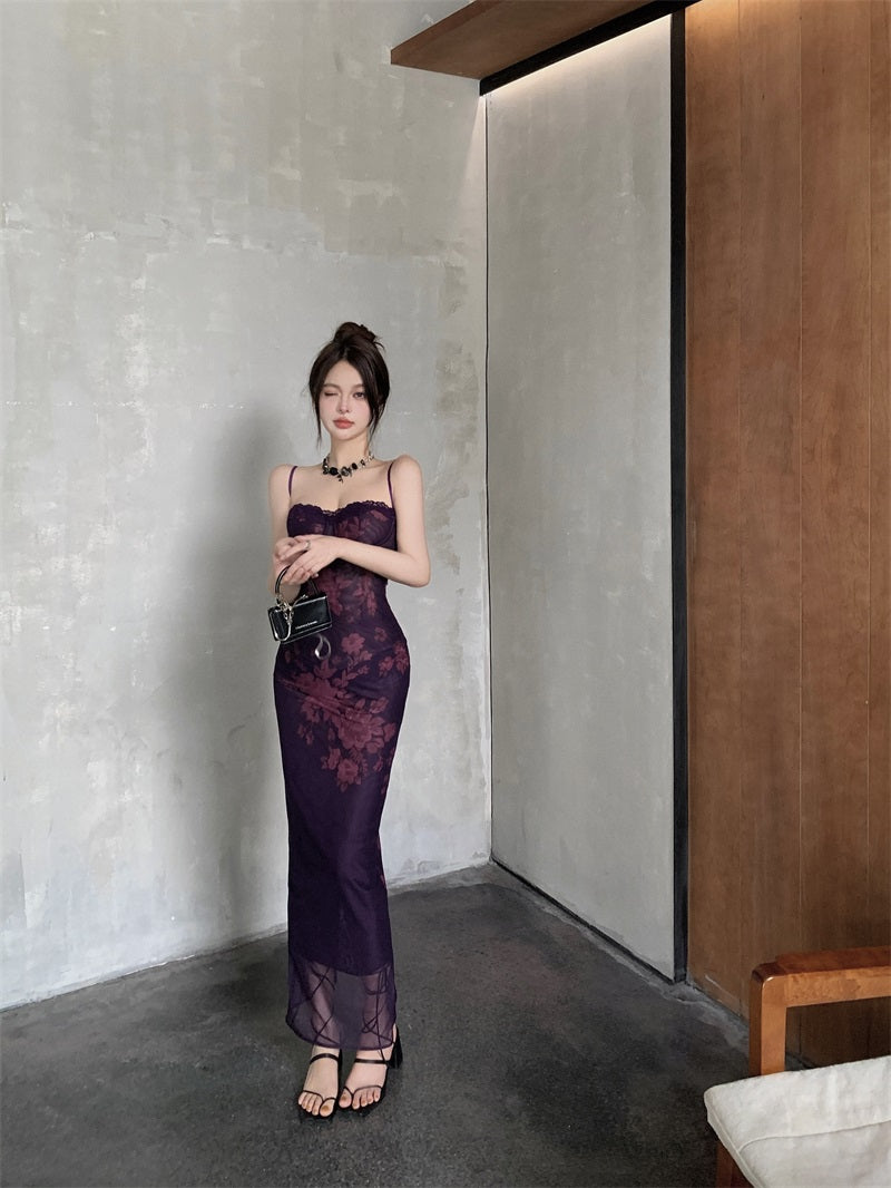 Romantic Plum Floral Print Sheer Mesh Overlay Spaghetti Strap Maxi Dress Vintage Lace-Trim  Crisscross Open Back Long Dress AP2068