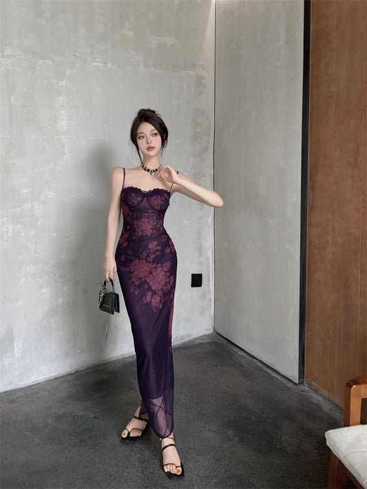 Romantic Plum Floral Print Sheer Mesh Overlay Spaghetti Strap Maxi Dress Vintage Lace-Trim  Crisscross Open Back Long Dress AP2068