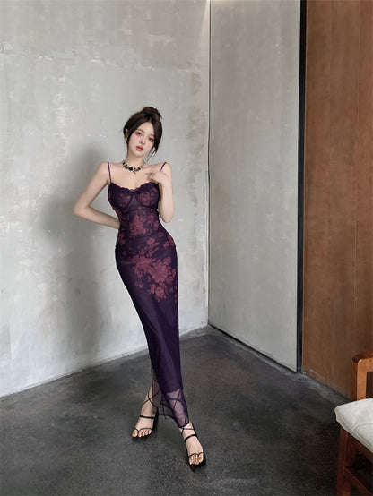 Romantic Plum Floral Print Sheer Mesh Overlay Spaghetti Strap Maxi Dress Vintage Lace-Trim  Crisscross Open Back Long Dress AP2068