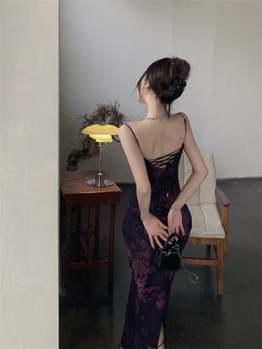 Romantic Plum Floral Print Sheer Mesh Overlay Spaghetti Strap Maxi Dress Vintage Lace-Trim  Crisscross Open Back Long Dress AP2068