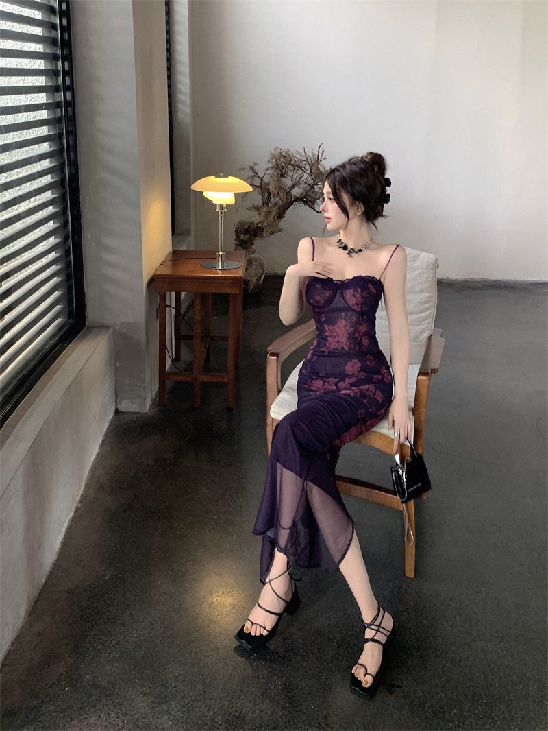 Romantic Plum Floral Print Sheer Mesh Overlay Spaghetti Strap Maxi Dress Vintage Lace-Trim  Crisscross Open Back Long Dress AP2068