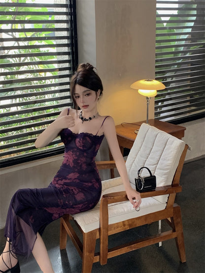 Romantic Plum Floral Print Sheer Mesh Overlay Spaghetti Strap Maxi Dress Vintage Lace-Trim  Crisscross Open Back Long Dress AP2068