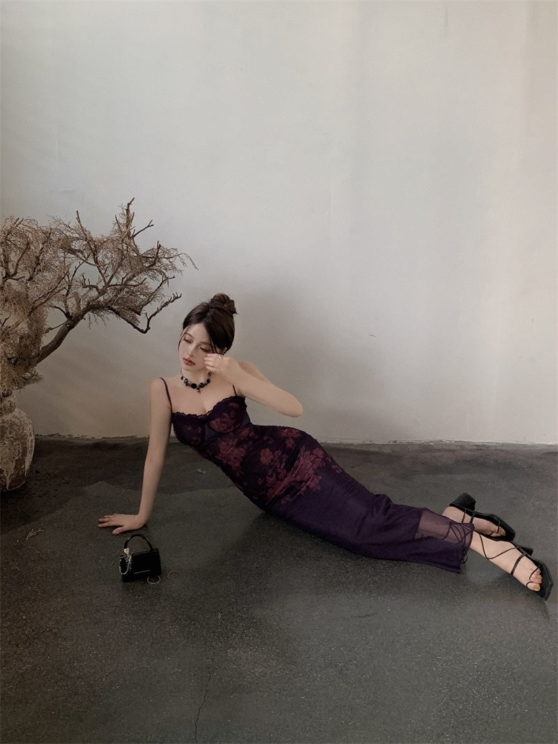 Romantic Plum Floral Print Sheer Mesh Overlay Spaghetti Strap Maxi Dress Vintage Lace-Trim  Crisscross Open Back Long Dress AP2068