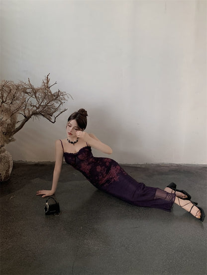 Romantic Plum Floral Print Sheer Mesh Overlay Spaghetti Strap Maxi Dress Vintage Lace-Trim  Crisscross Open Back Long Dress AP2068