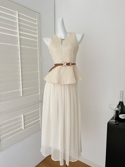 Romantic Cream Two-Piece Set Sleeveless Embroidered Peplum Top & Tulle Midi Skirt With Belt AP2069