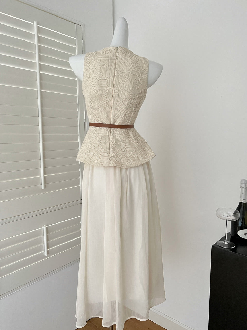 Romantic Cream Two-Piece Set Sleeveless Embroidered Peplum Top & Tulle Midi Skirt With Belt AP2069