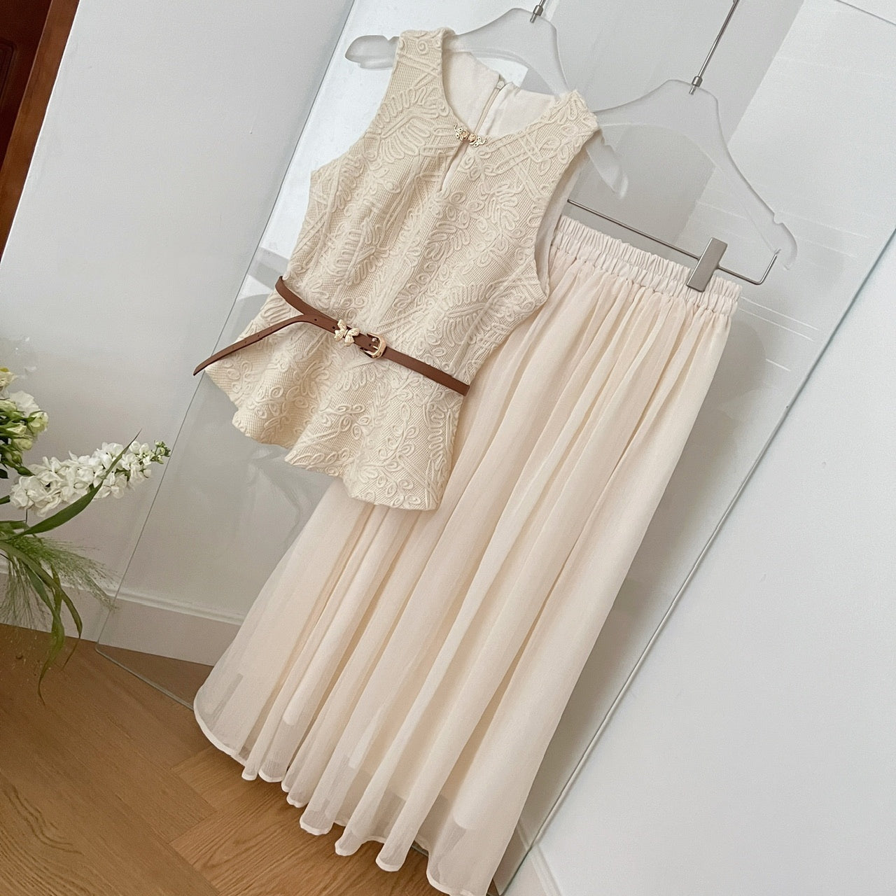 Romantic Cream Two-Piece Set Sleeveless Embroidered Peplum Top & Tulle Midi Skirt With Belt AP2069