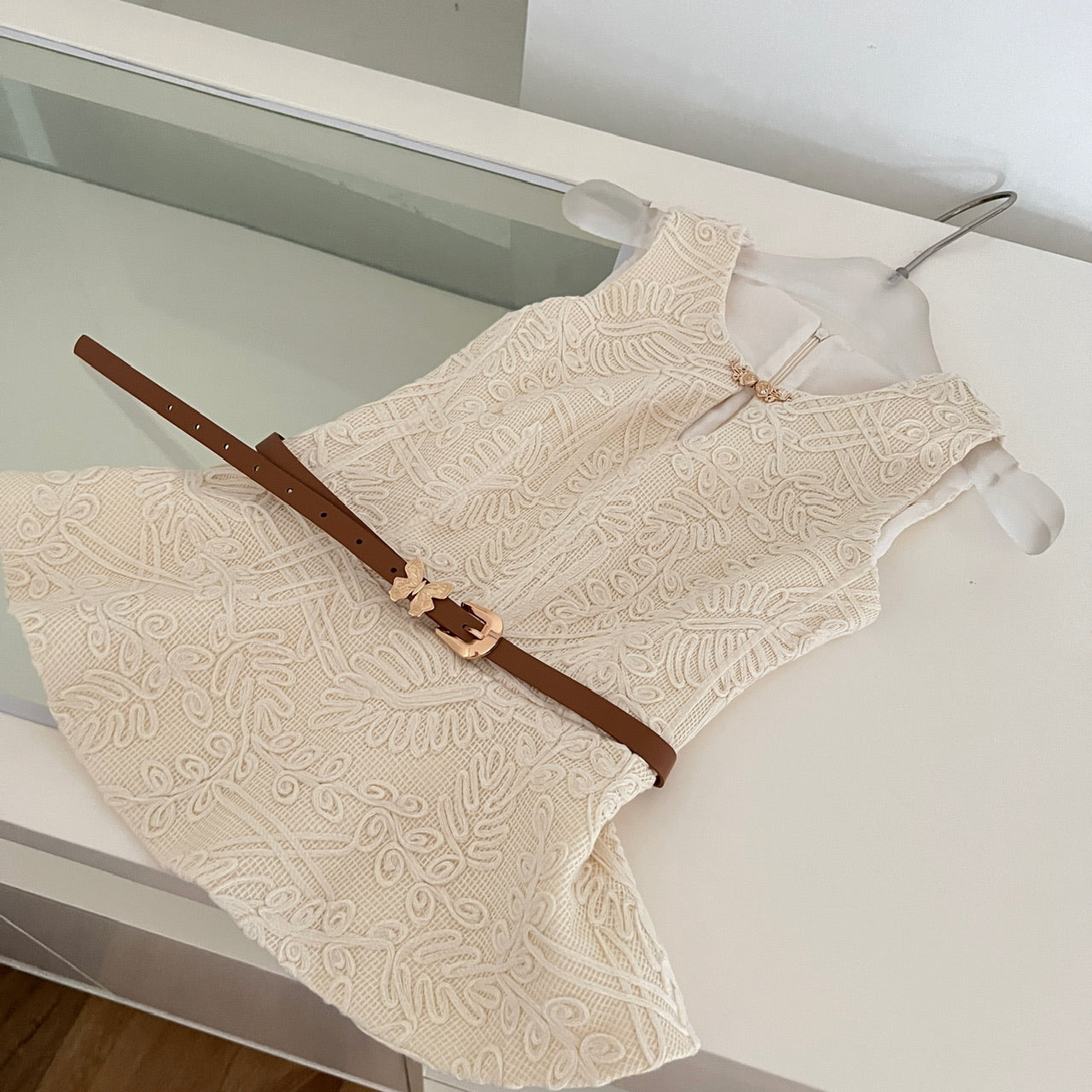 Romantic Cream Two-Piece Set Sleeveless Embroidered Peplum Top & Tulle Midi Skirt With Belt AP2069