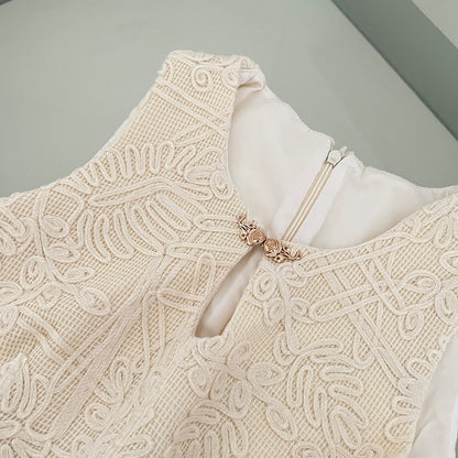 Romantic Cream Two-Piece Set Sleeveless Embroidered Peplum Top & Tulle Midi Skirt With Belt AP2069