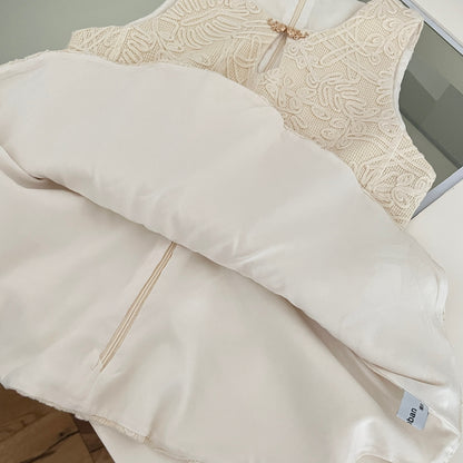 Romantic Cream Two-Piece Set Sleeveless Embroidered Peplum Top & Tulle Midi Skirt With Belt AP2069