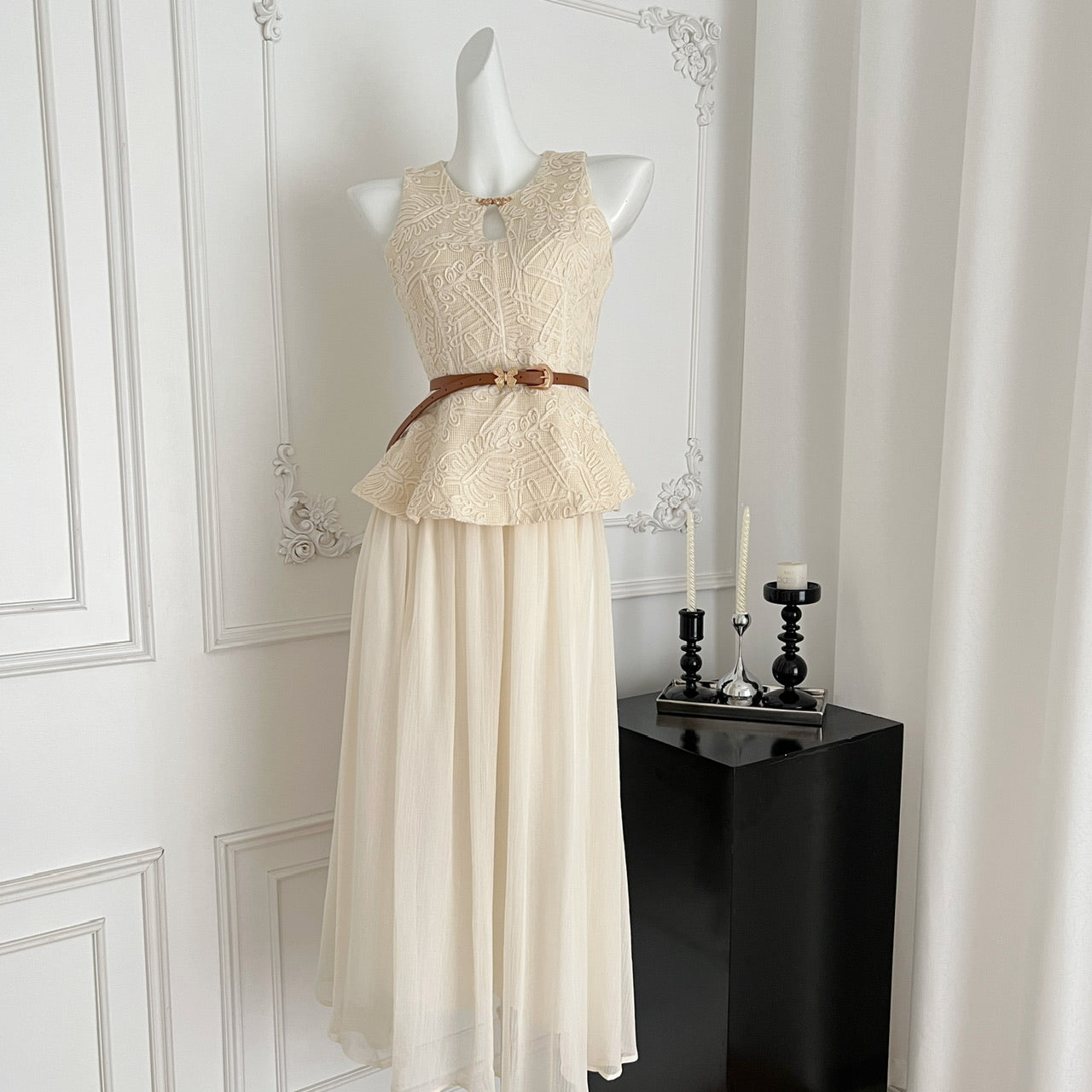 Romantic Cream Two-Piece Set Sleeveless Embroidered Peplum Top & Tulle Midi Skirt With Belt AP2069