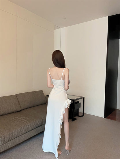 Charming Asymmetric Hem White Spaghetti Strap High Slit Maxi Dress Novelty Lace Bodice Dramatic Ruffled Long Dress AP2070