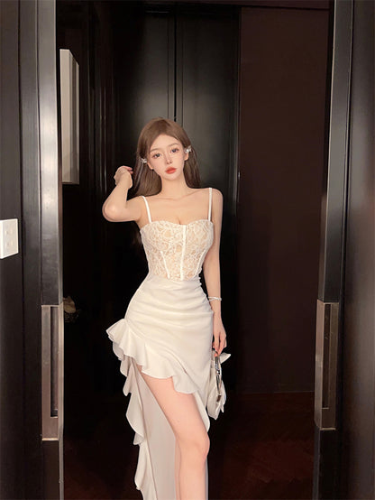 Charming Asymmetric Hem White Spaghetti Strap High Slit Maxi Dress Novelty Lace Bodice Dramatic Ruffled Long Dress AP2070