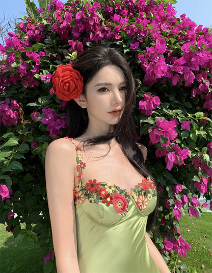 Vibrant Pale Green Satin Bodycon Maxi Dress French Style Spaghetti Straps Floral Embroidery Long Dress AP2071