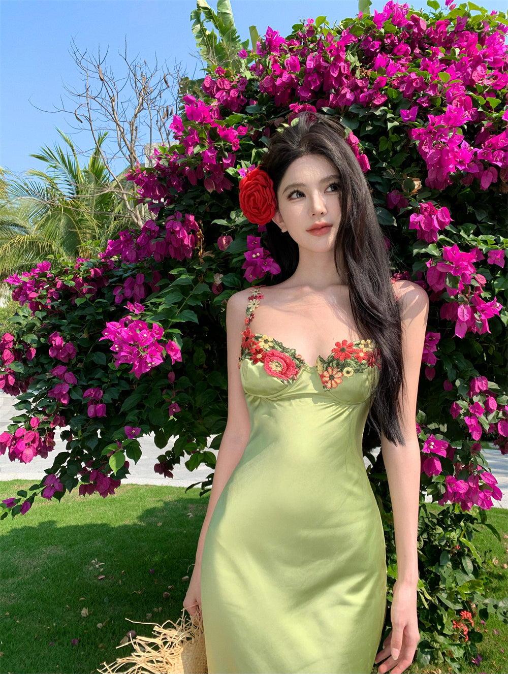 Vibrant Pale Green Satin Bodycon Maxi Dress French Style Spaghetti Straps Floral Embroidery Long Dress AP2071
