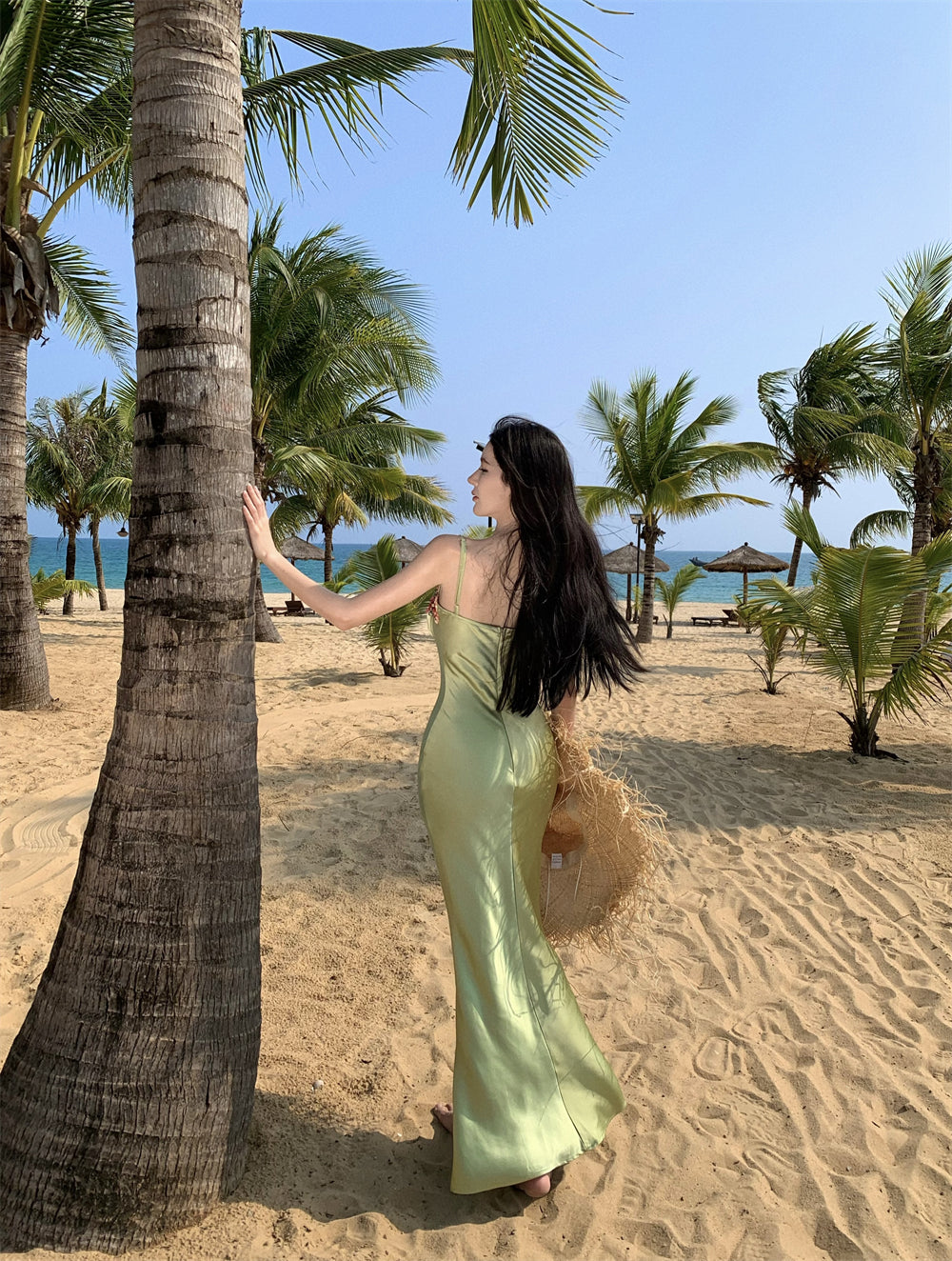 Vibrant Pale Green Satin Bodycon Maxi Dress French Style Spaghetti Straps Floral Embroidery Long Dress AP2071