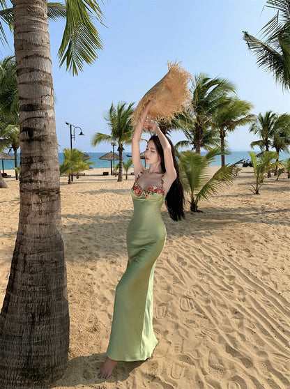 Vibrant Pale Green Satin Bodycon Maxi Dress French Style Spaghetti Straps Floral Embroidery Long Dress AP2071