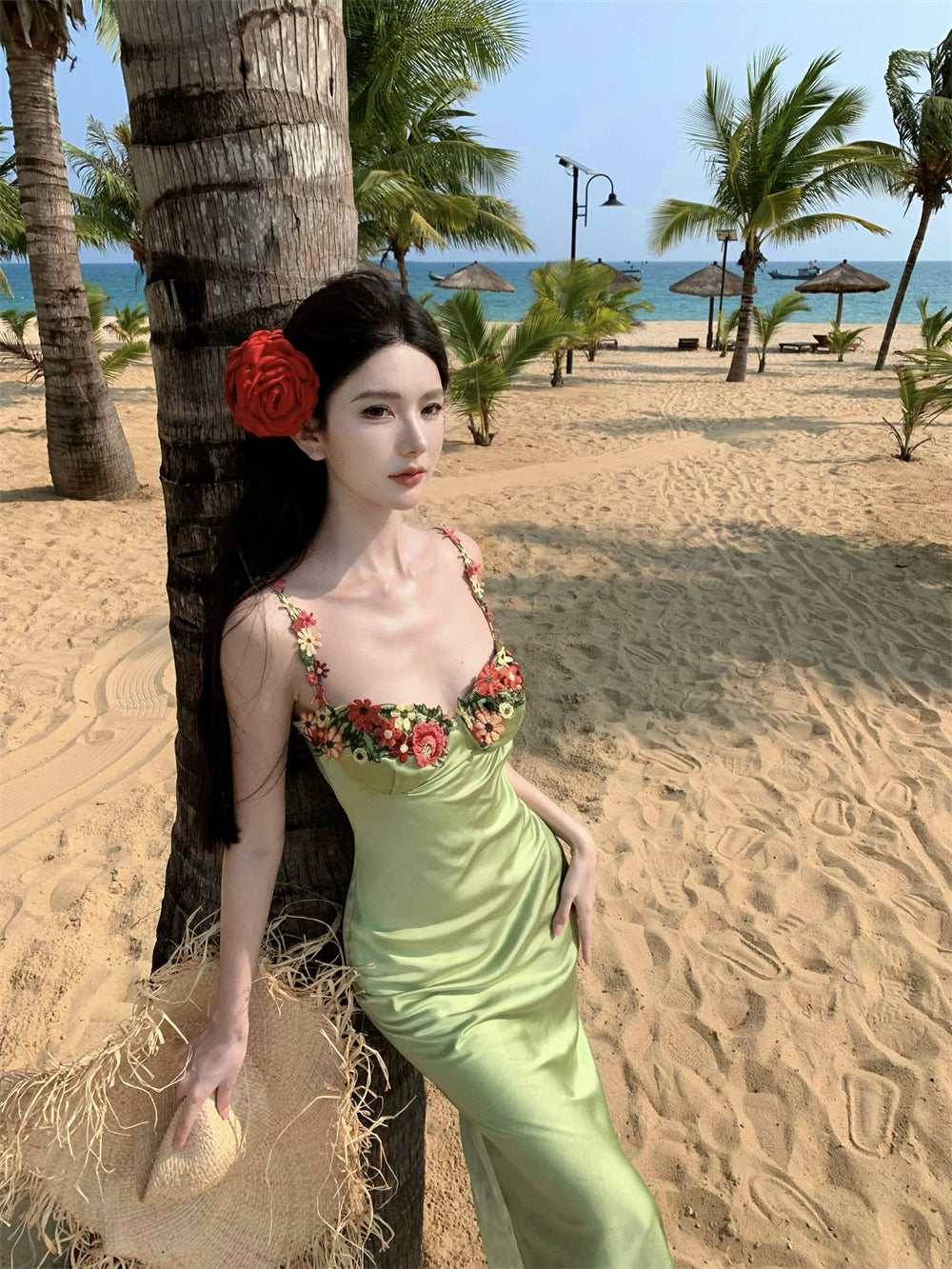 Vibrant Pale Green Satin Bodycon Maxi Dress French Style Spaghetti Straps Floral Embroidery Long Dress AP2071