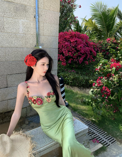 Vibrant Pale Green Satin Bodycon Maxi Dress French Style Spaghetti Straps Floral Embroidery Long Dress AP2071