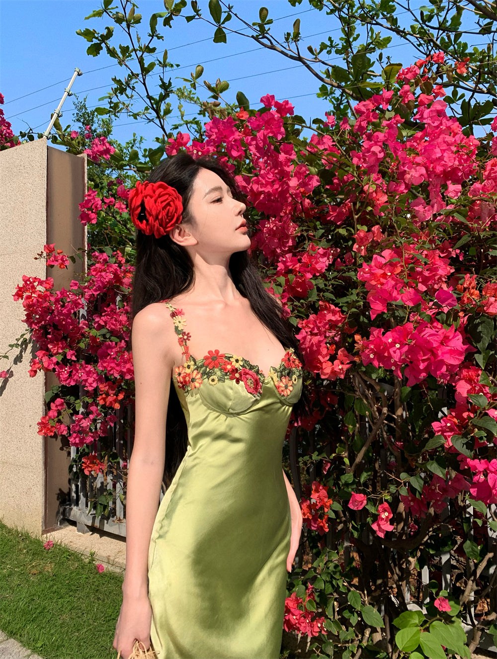 Vibrant Pale Green Satin Bodycon Maxi Dress French Style Spaghetti Straps Floral Embroidery Long Dress AP2071