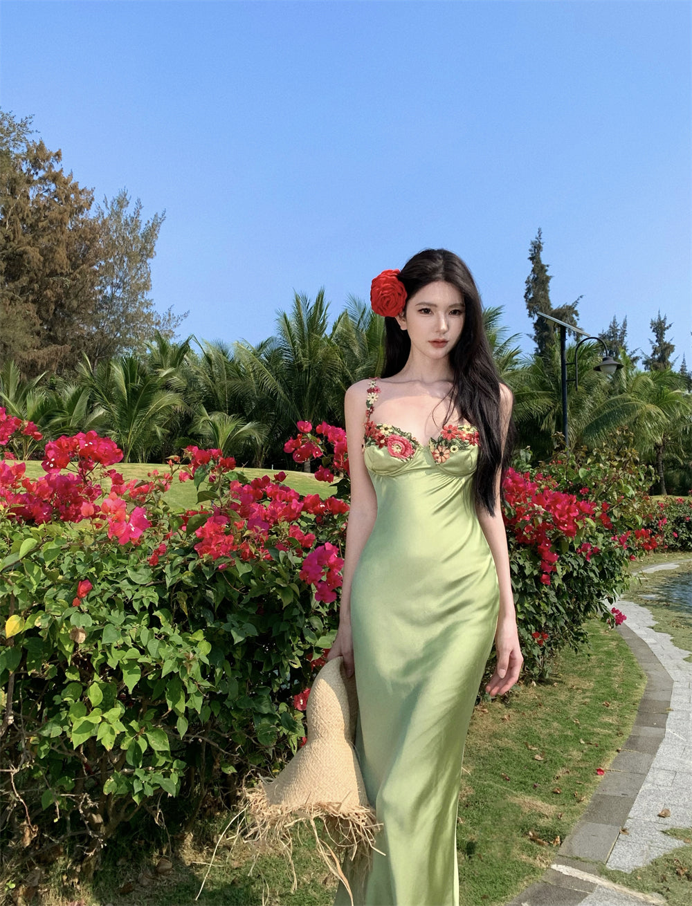 Vibrant Pale Green Satin Bodycon Maxi Dress French Style Spaghetti Straps Floral Embroidery Long Dress AP2071