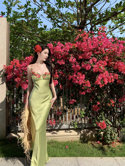 Vibrant Pale Green Satin Bodycon Maxi Dress French Style Spaghetti Straps Floral Embroidery Long Dress AP2071
