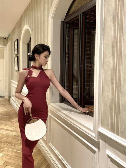 Elegant 3D Floral Embellishment Red Bodycon Maxi Dress Vintage Sleeveless Cutout Asymmetric Neckline Halter Long Dress AP2072