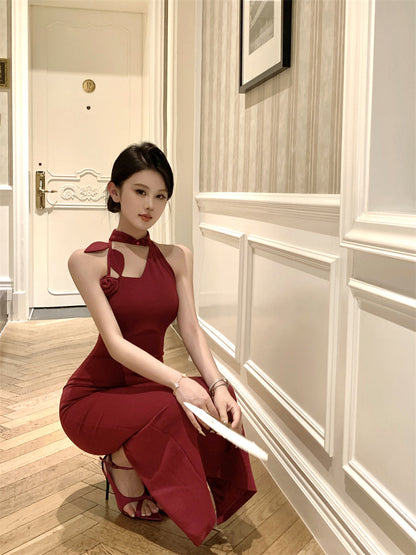 Elegant 3D Floral Embellishment Red Bodycon Maxi Dress Vintage Sleeveless Cutout Asymmetric Neckline Halter Long Dress AP2072