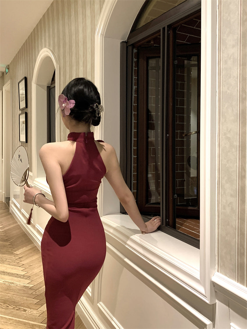 Elegant 3D Floral Embellishment Red Bodycon Maxi Dress Vintage Sleeveless Cutout Asymmetric Neckline Halter Long Dress AP2072