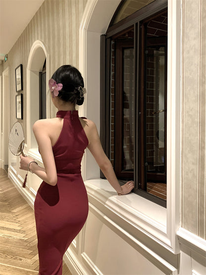 Elegant 3D Floral Embellishment Red Bodycon Maxi Dress Vintage Sleeveless Cutout Asymmetric Neckline Halter Long Dress AP2072