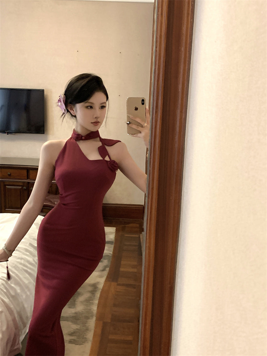 Elegant 3D Floral Embellishment Red Bodycon Maxi Dress Vintage Sleeveless Cutout Asymmetric Neckline Halter Long Dress AP2072