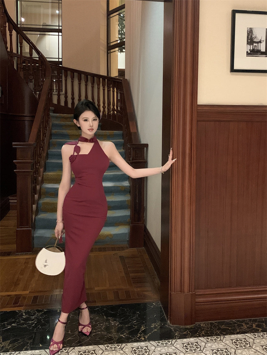 Elegant 3D Floral Embellishment Red Bodycon Maxi Dress Vintage Sleeveless Cutout Asymmetric Neckline Halter Long Dress AP2072