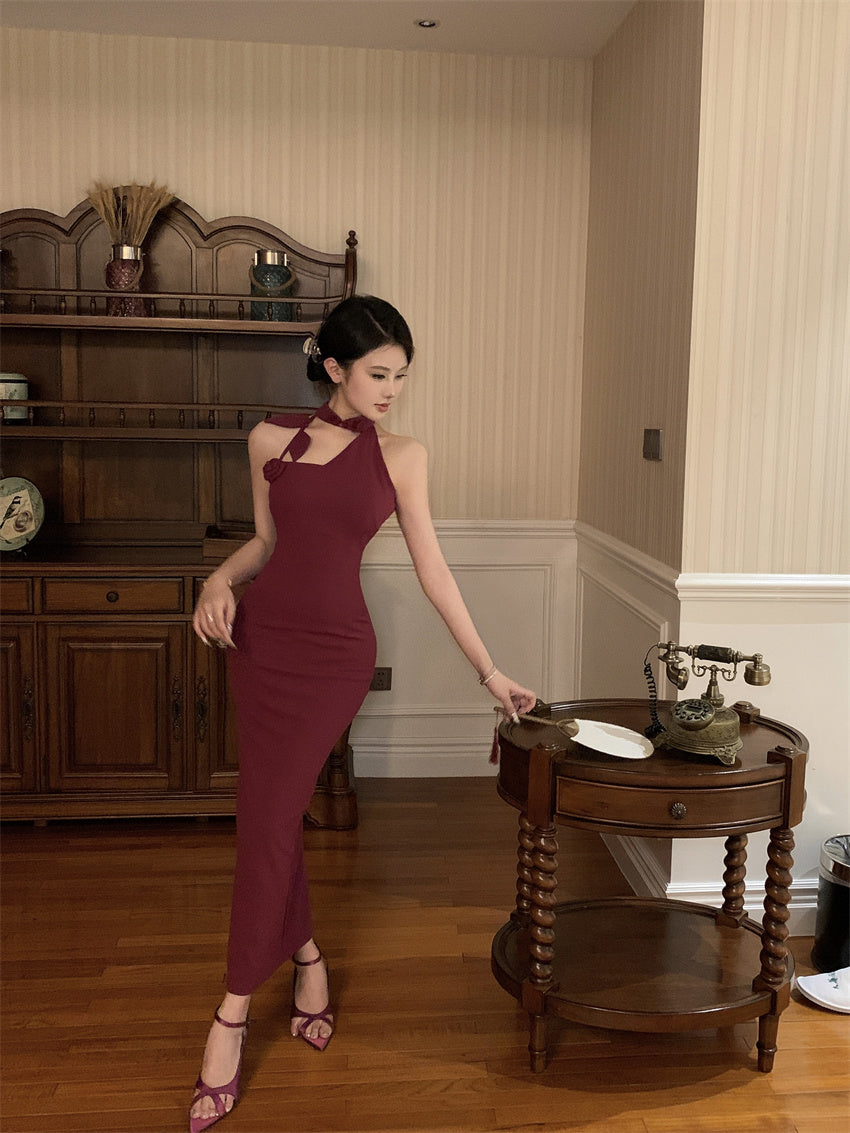 Elegant 3D Floral Embellishment Red Bodycon Maxi Dress Vintage Sleeveless Cutout Asymmetric Neckline Halter Long Dress AP2072