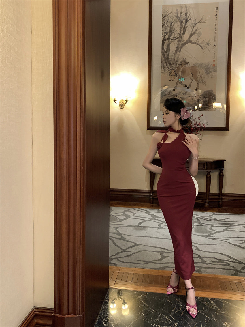 Elegant 3D Floral Embellishment Red Bodycon Maxi Dress Vintage Sleeveless Cutout Asymmetric Neckline Halter Long Dress AP2072