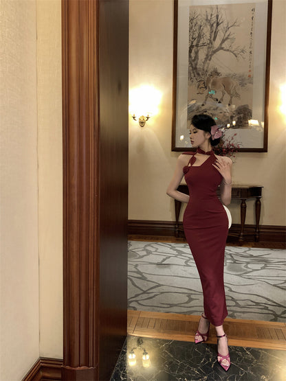 Elegant 3D Floral Embellishment Red Bodycon Maxi Dress Vintage Sleeveless Cutout Asymmetric Neckline Halter Long Dress AP2072