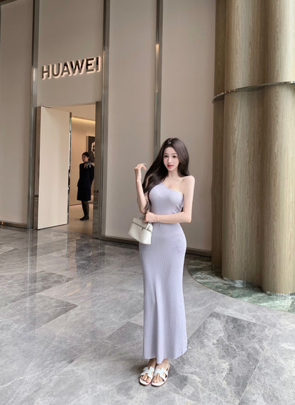 Trendy Light Purple One-Shoulder Maxi Dress Charming Ribbed Knit Casual Wear Long Dress AP2073