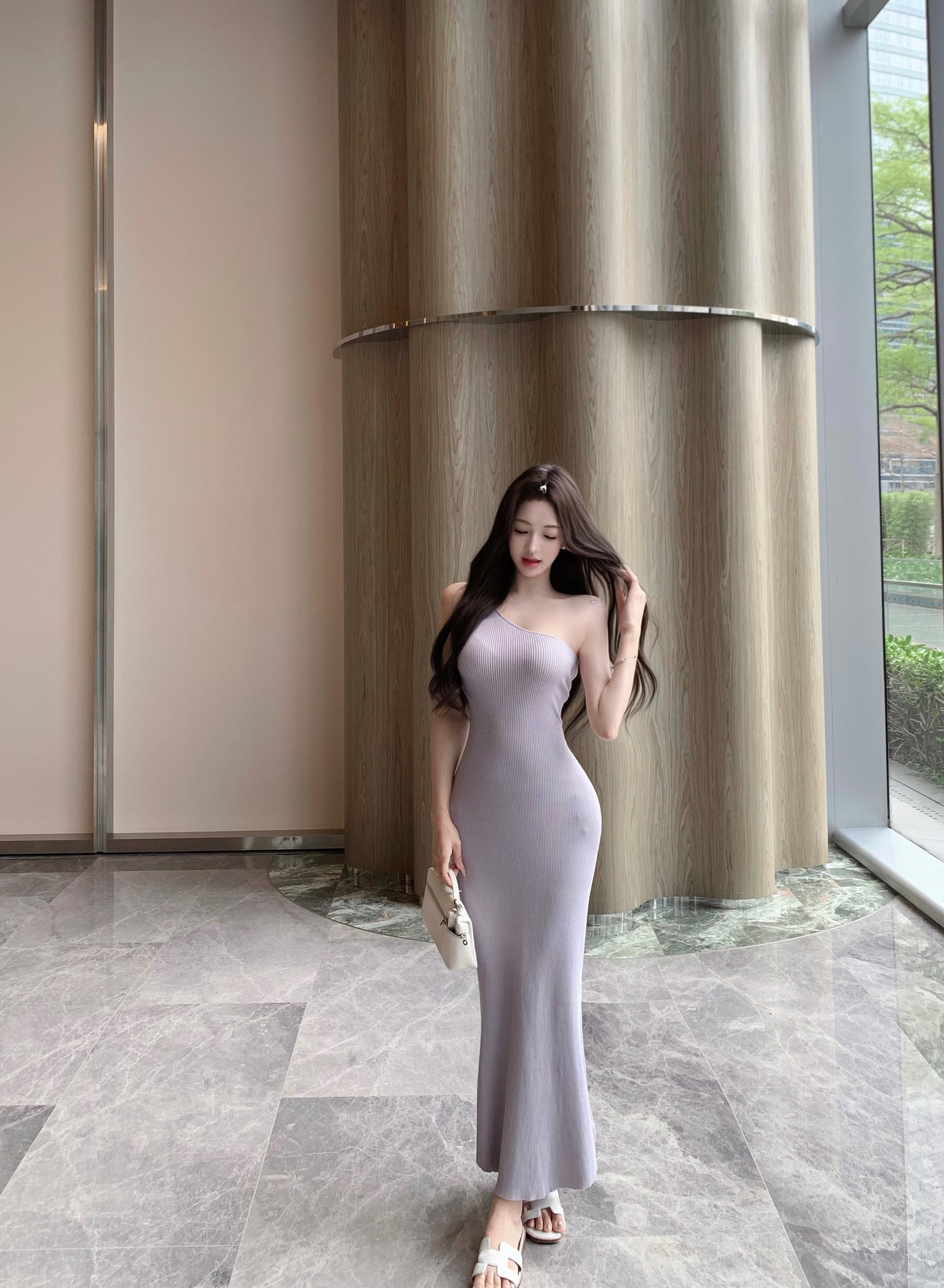 Trendy Light Purple One-Shoulder Maxi Dress Charming Ribbed Knit Casual Wear Long Dress AP2073