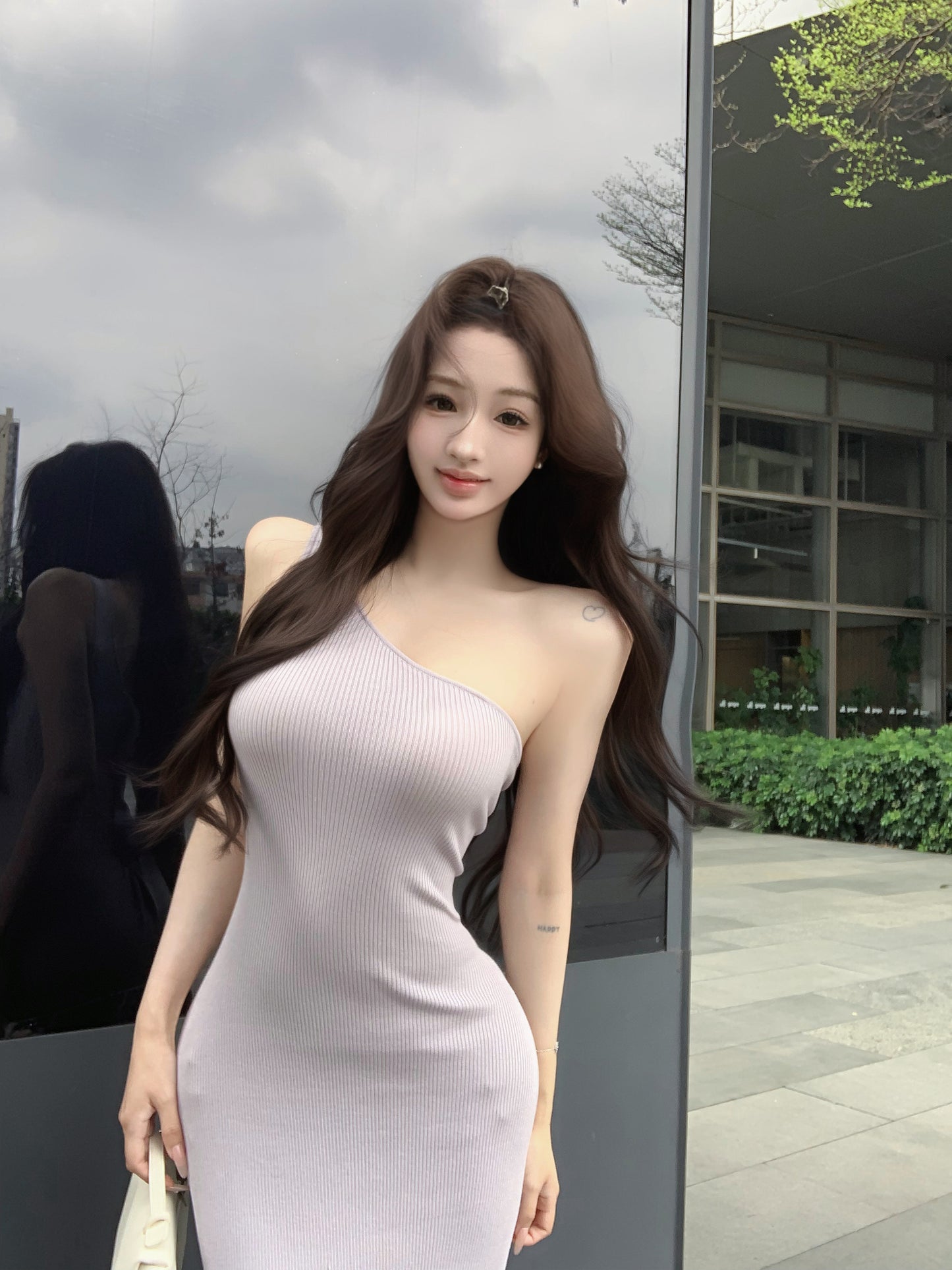 Trendy Light Purple One-Shoulder Maxi Dress Charming Ribbed Knit Casual Wear Long Dress AP2073