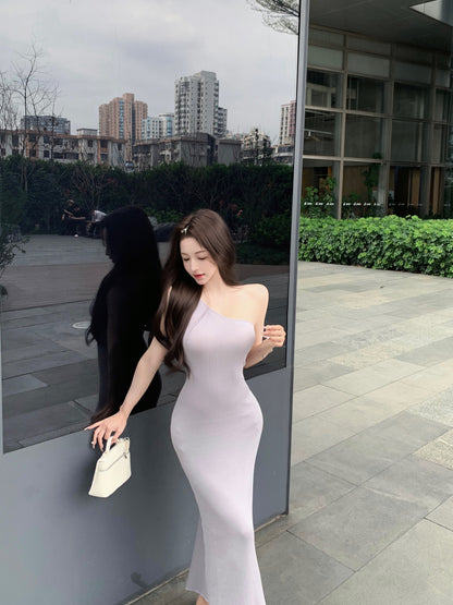 Trendy Light Purple One-Shoulder Maxi Dress Charming Ribbed Knit Casual Wear Long Dress AP2073