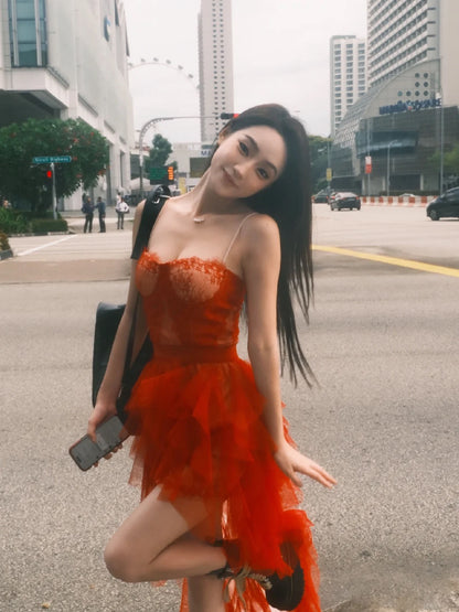 Graceful Red Lace Spaghetti Strap Corset Top 2-Piece Set Maxi Dress Vibrant Asymmetric High-Low Tulle Long Dress AP2074