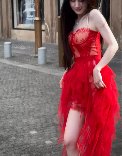 Graceful Red Lace Spaghetti Strap Corset Top 2-Piece Set Maxi Dress Vibrant Asymmetric High-Low Tulle Long Dress AP2074