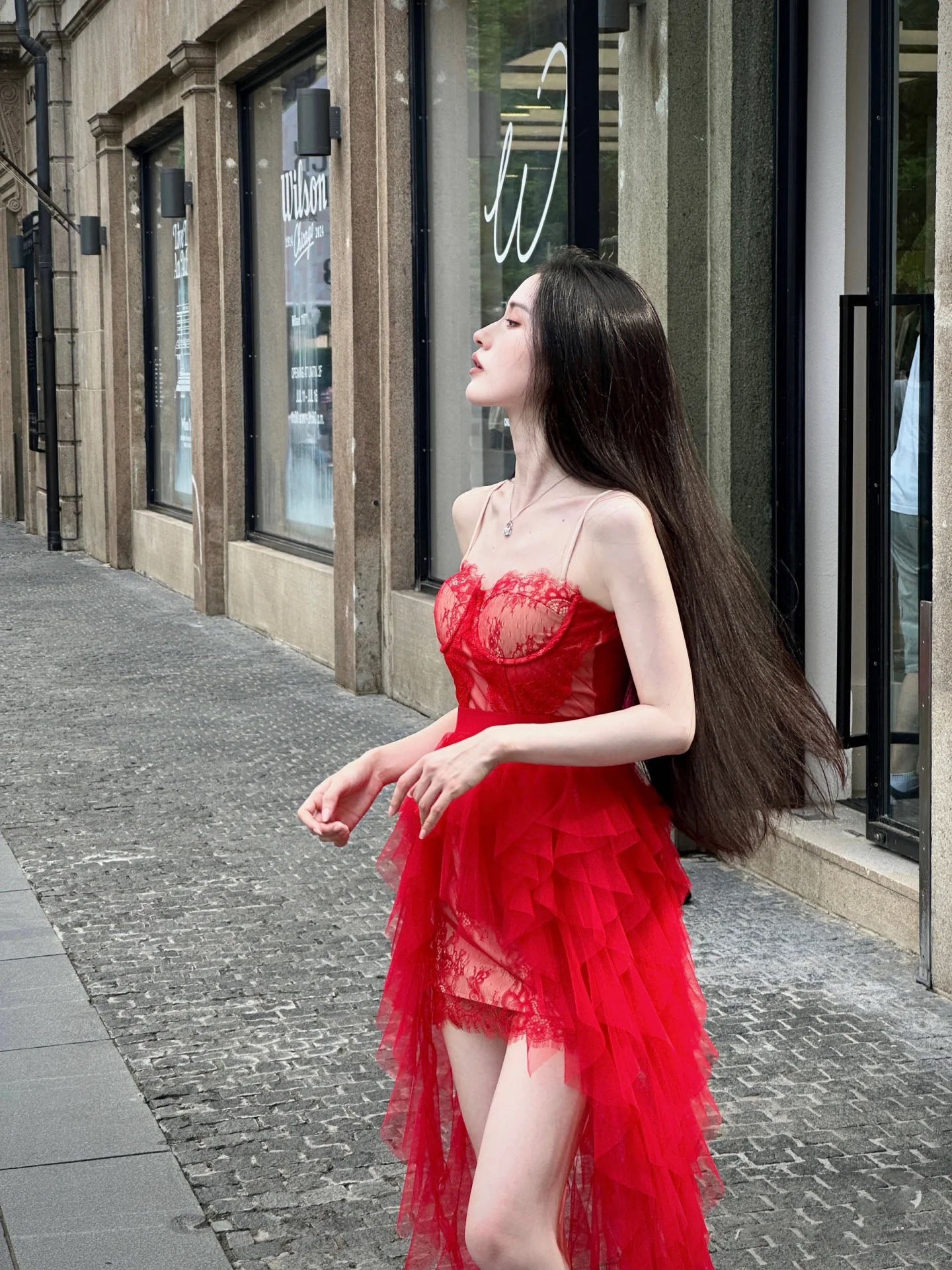 Graceful Red Lace Spaghetti Strap Corset Top 2-Piece Set Maxi Dress Vibrant Asymmetric High-Low Tulle Long Dress AP2074