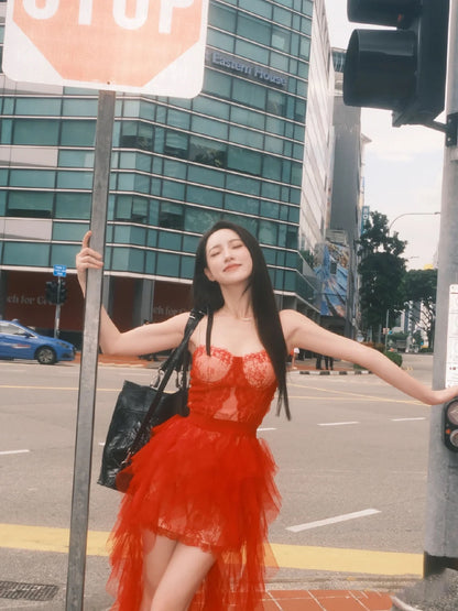 Graceful Red Lace Spaghetti Strap Corset Top 2-Piece Set Maxi Dress Vibrant Asymmetric High-Low Tulle Long Dress AP2074