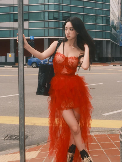 Graceful Red Lace Spaghetti Strap Corset Top 2-Piece Set Maxi Dress Vibrant Asymmetric High-Low Tulle Long Dress AP2074