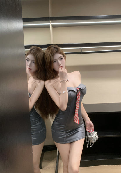 Y2K Style Grey Strapless Bodycon Mini Skirt Chic Hot Girls Red & White Striped Tie Club Wear Short Dress AP2075